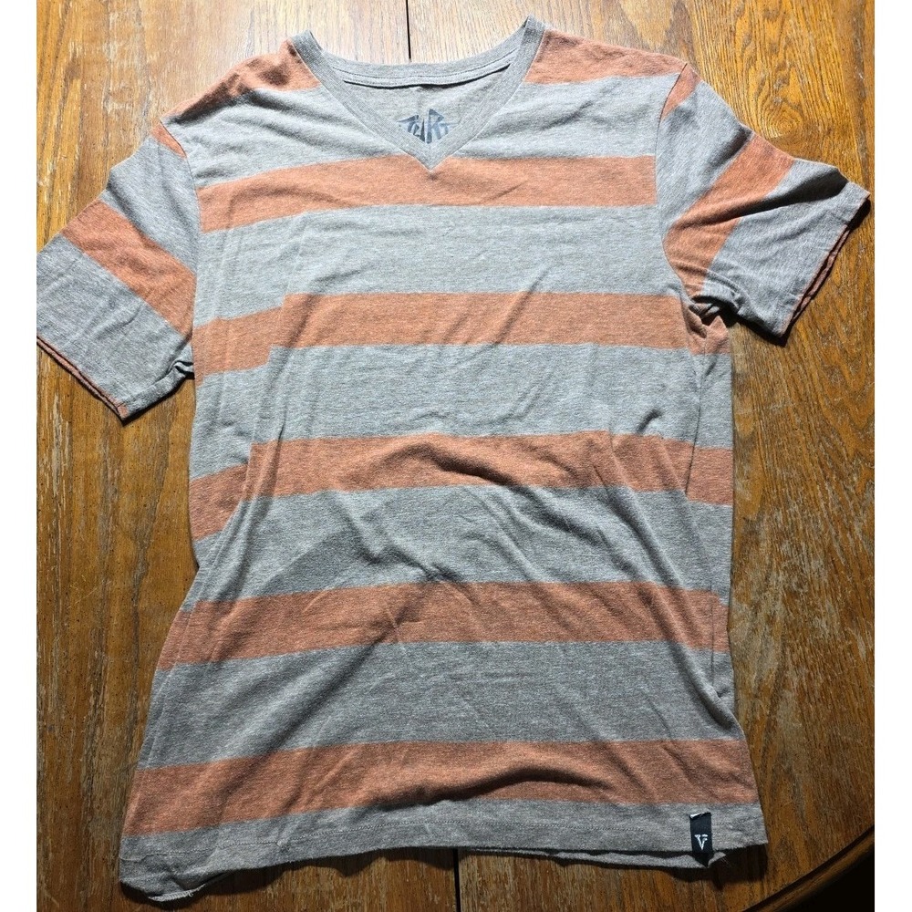 Mens Vurt  V Neck T Shirt Large Y2K  Grunge Skate Stripped‎ Brown Orange